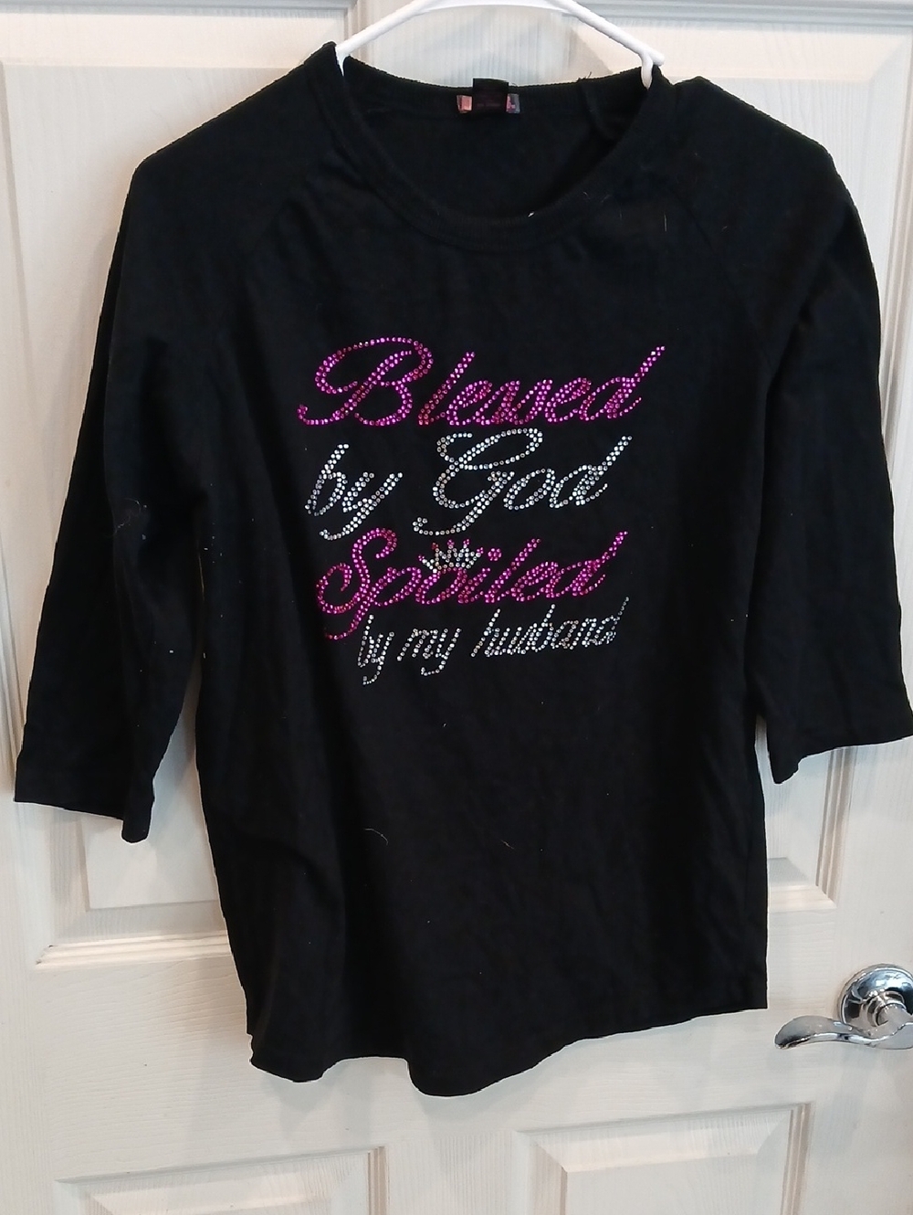 Black Women's Rhinestone Tee - Blessed by God Spoiled by My Husband